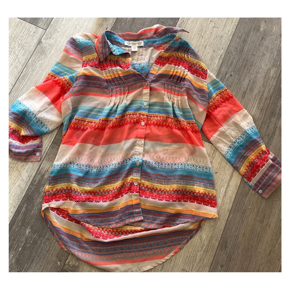Vintage America Blues Striped Pleated V Neck Long Sleeve Shirt Top Women's S